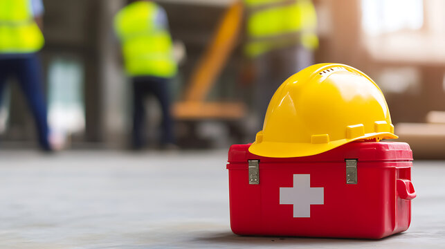 Safety First: Yellow hardhat on a red first aid kit, a symbol of workplace safety and health precautions. Workers in vests are in the background.