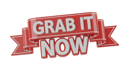 A vibrant 3D red ribbon banner with white text 'GRAB IT NOW' for promotions, sales, and urgent calls to action. background removed