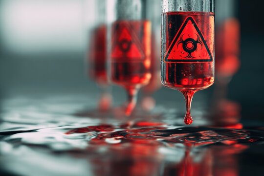 Biohazard-labeled vials filled with red liquid drip onto a reflective surface, illustrating chemical or biological contamination and risk.