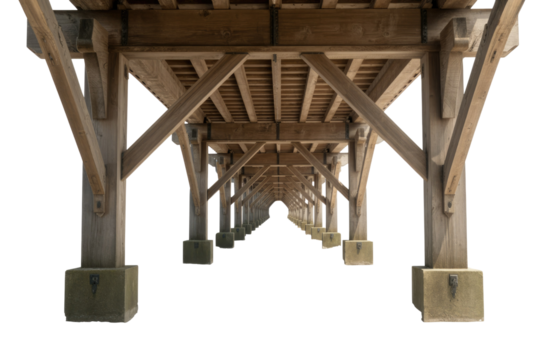 Underside view of a long wooden pier or bridge structure, featuring repetitive columns, beams, and diagonal supports creating a strong perspective. background removed