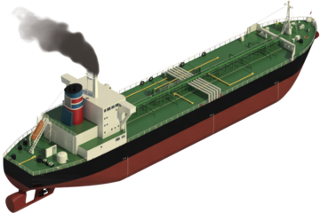Isometric rendering of a large tanker ship with red hull, green deck, and white superstructure, emitting smoke from its funnel. background removed