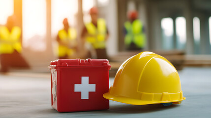 Construction safety is key. A hard hat and first aid kit sit ready, symbolizing preparedness on the construction site, with workers in vests in the background, promoting a safe environment.
