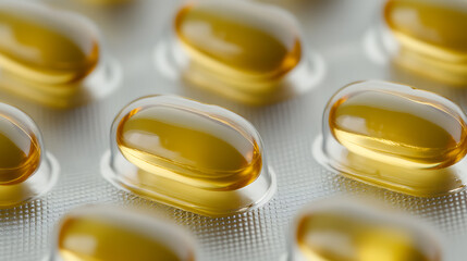 Close-up of golden gel capsules in blister pack, health and wellness supplements. Capsules show translucent liquid, shiny surface and packaging. Focus on centered capsule.