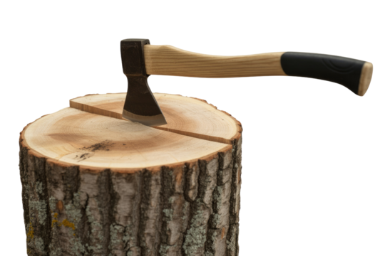 An axe with a wooden handle and black grip is embedded in a split wooden log, set against a solid transparent background. background removed
