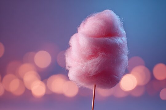 A fluffy pink cotton candy on a stick glows against a dreamy bokeh background, creating a sweet, magical, and whimsical atmosphere.