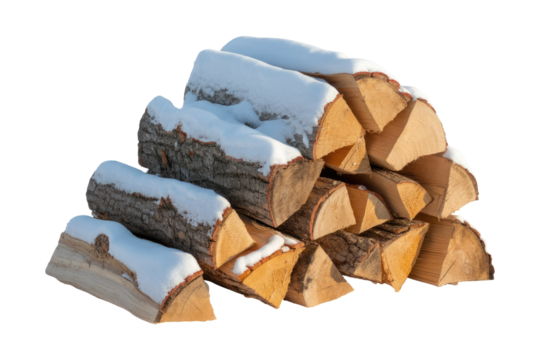A neat stack of split firewood logs covered with fresh snow, indicating cold weather and readiness for heating. background removed