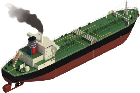 Isometric rendering of a large tanker ship with red hull, green deck, and white superstructure, emitting smoke from its funnel. background removed