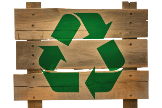 A vivid green recycling symbol prominently displayed on a rustic, weathered wooden sign, embodying environmental sustainability and eco-friendly practices. background removed