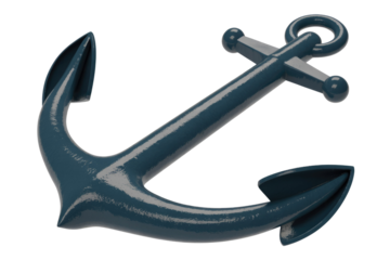 A glossy dark blue maritime anchor, rendered in 3D, stands against a solid transparent background. Perfect for nautical themes. background removed