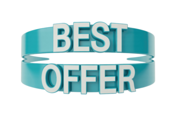 A captivating 3D render displays 'BEST OFFER' in bold white text, framed by a vibrant blue-green ribbon banner, perfect for promotions. background removed
