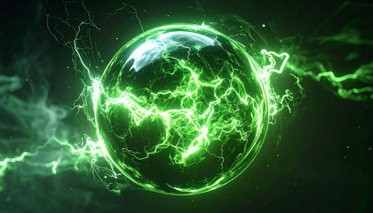 Vibrant green glowing energy orb floating against dark background, intense pulsing light