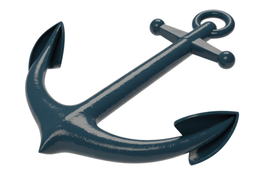 A glossy dark blue maritime anchor, rendered in 3D, stands against a solid transparent background. Perfect for nautical themes. background removed