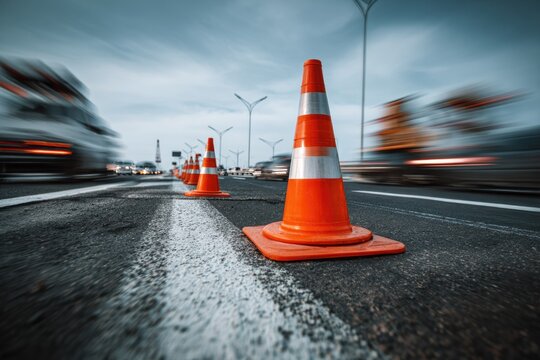 Orange traffic cones line a wet asphalt road with blurred vehicles passing by, indicating road work or a redirected lane.