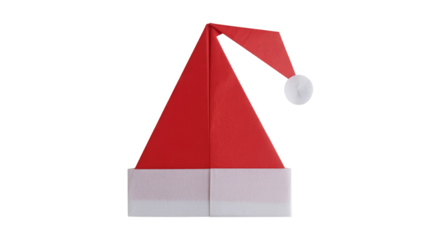 A festive red Santa hat with a white brim and pom-pom, styled like origami, perfect for Christmas celebrations. background removed