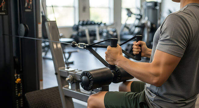 Person using a rowing machine in a gym.