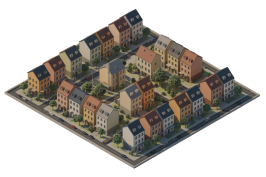 Isometric low-poly town square with colorful residential buildings, roads, trees, and cars on a transparent background, depicting a cozy urban scene. background removed - Powered by Adobe