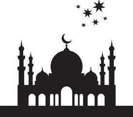 Black silhouette of a mosque related to Muslims with crescent moon on the tomb and starts  in the sky