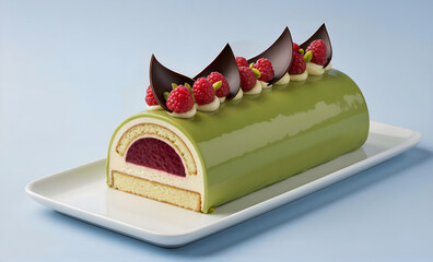 Bûche de Noël aux pistaches et aux framboises, copeaux de chocolat