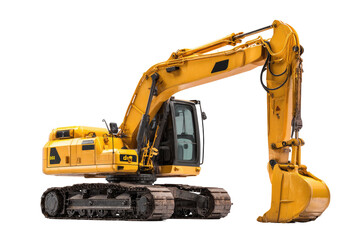 Fototapeta premium Yellow excavator on black background. Large, articulated arm, bucket, and treads. Heavy equipment