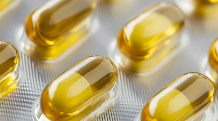 Close-up of golden capsules in a blister pack. These are supplements rich in essential nutrients, ideal for health-conscious consumers seeking dietary support.