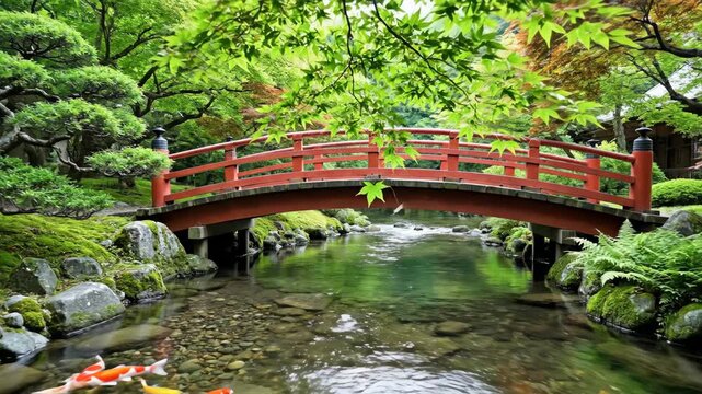 Serene red bridge over koi pond in lush japanese garden with flowing water and vibrant foliage