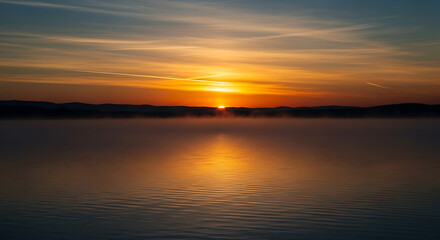Fototapeta premium Sunrise over the lake with reflection and orange sky