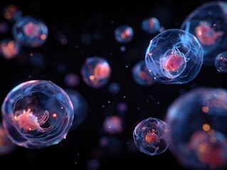 A vibrant microscopic view reveals glowing translucent cells floating in a dark abyss, showcasing intricate internal structures and bioluminescent organic life forms.