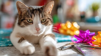 Curious cat with colorful gift ribbons in a cozy setting,Pet Groomer Appreciation Day