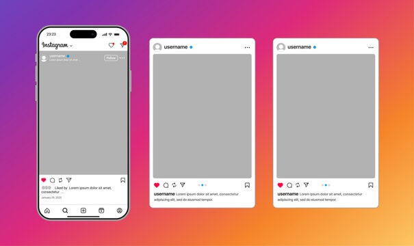 Instagram post and home feed UI mockup with multiple post templates in square, vertical, and horizontal sizes including captions, likes, comments, share options modern social layout vector.