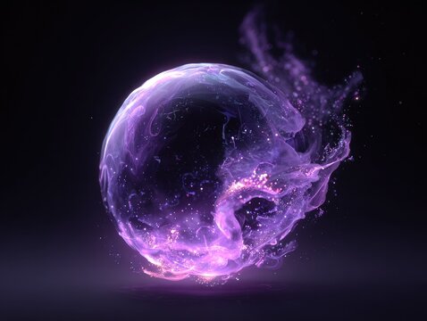 A luminous purple orb, shimmering with sparkling particles and ethereal energy, expands dynamically against a dark cosmic background.
