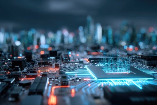 Futuristic circuit board with glowing pathways, symbolizing advanced technology and data flow, set against a blurred city skyline.