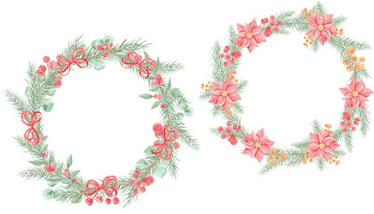 Christmas watercolor wreath. Pine needles. Christmas tree. Round wreath. Winter holidays. Merry Christmas, Happy New Year. December.