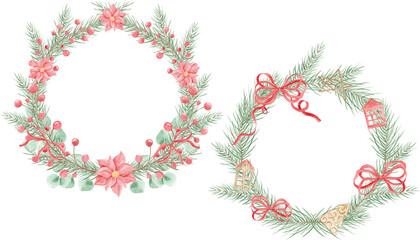 Christmas watercolor wreath. Pine needles. Christmas tree. Round wreath. Winter holidays. Merry Christmas, Happy New Year. December.