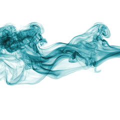 Fototapeta premium Dynamic teal smoke elegantly unfurls horizontally, creating a captivating abstract flow of translucent vapor against a solid background. background removed