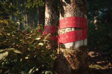 Fototapeta premium Two prominent trees in a lush, sun-dappled forest are distinctly marked with weathered red bands, suggesting a boundary or special purpose.