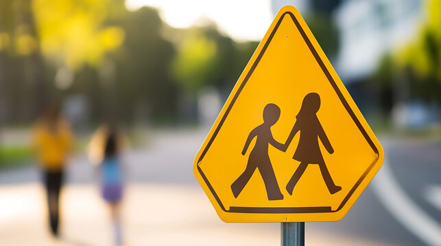 Caution Children Crossing Sign: A yellow triangular road sign warning drivers to be cautious of children crossing the street. It's a symbol of road safety, protecting pedestrians.