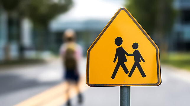 Caution sign of a school crossing area. A child is walking away from it, creating a blurred background. Watch out for the kids crossing the street! Always be aware in school zones.