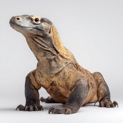 Obraz premium A majestic Komodo dragon, or large monitor lizard, poses against a clean white background, highlighting its detailed scales and powerful structure.