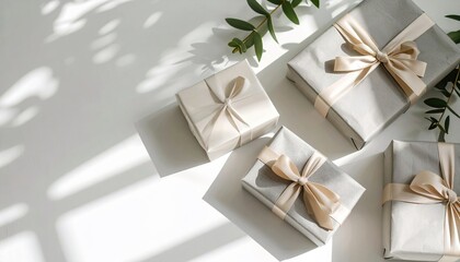 Elegant wrapped gift boxes with ribbons in natural light on white table symbolizing celebration gratitude and minimalist holiday design