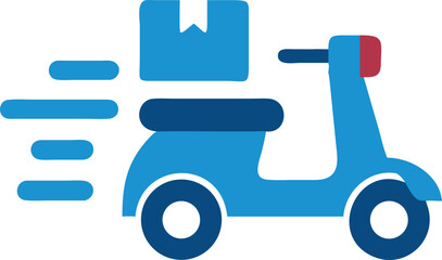 Blue scooter is delivering a box swiftly; a fast icon suitable for delivery