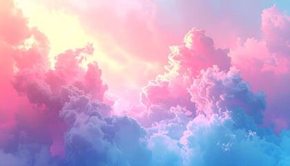 Vibrant cotton candy clouds in a magical sky, blending soft pink, serene blue, and gentle purple tones