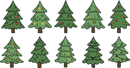 Cartoon Christmas tree illustration, festive holiday decoration vector, colorful ornament artwork, seasonal pine tree clipart, winter celebration design elements