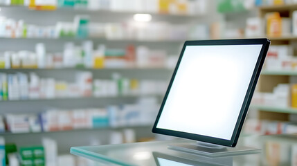 Modern pharmacy technology. A blank computer screen is poised on a glass counter, set against blurred shelves of medication, merging healthcare and digital innovation seamlessly.