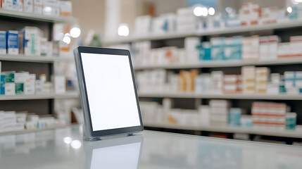 Blank tablet display in a pharmacy for advertising, showcasing health products, and providing customer service. A digital solution for medication information access.