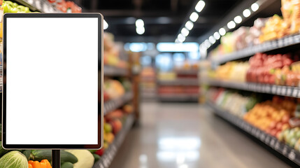 An empty sign in a grocery store, surrounded by fresh fruits and vegetables. The aisle is blurred, making the sign the focal point, ready for a message.