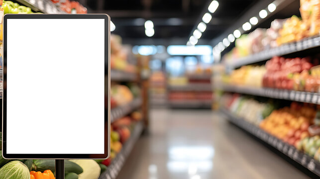 An empty sign in a grocery store, surrounded by fresh fruits and vegetables. The aisle is blurred, making the sign the focal point, ready for a message. - Powered by Adobe