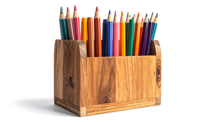 Colorful Assortment of Pencils in a Wooden Holder on a White Background