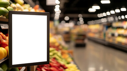Fresh produce aisle with blank sign. Use the sign for custom messages. Focus on healthy eating and mindful food choices for a vibrant lifestyle. #EatWell