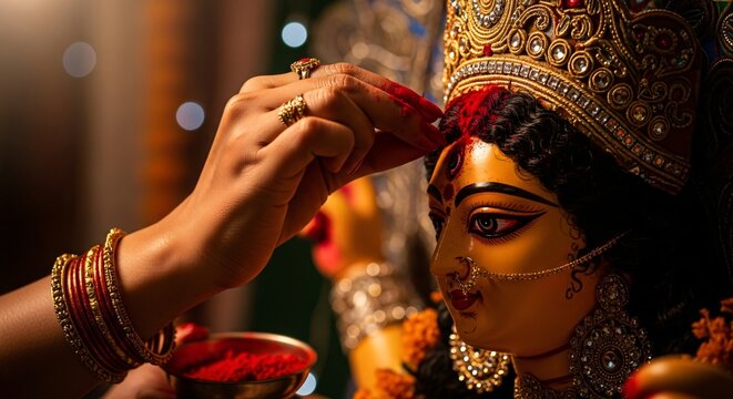Durga Puja Rituals Woman Applying Sindoor to Goddess Durga Idol for Blessing and Prosperity
