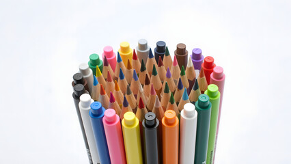 Colorful Pencils Art Supplies Arrangement on White Background
